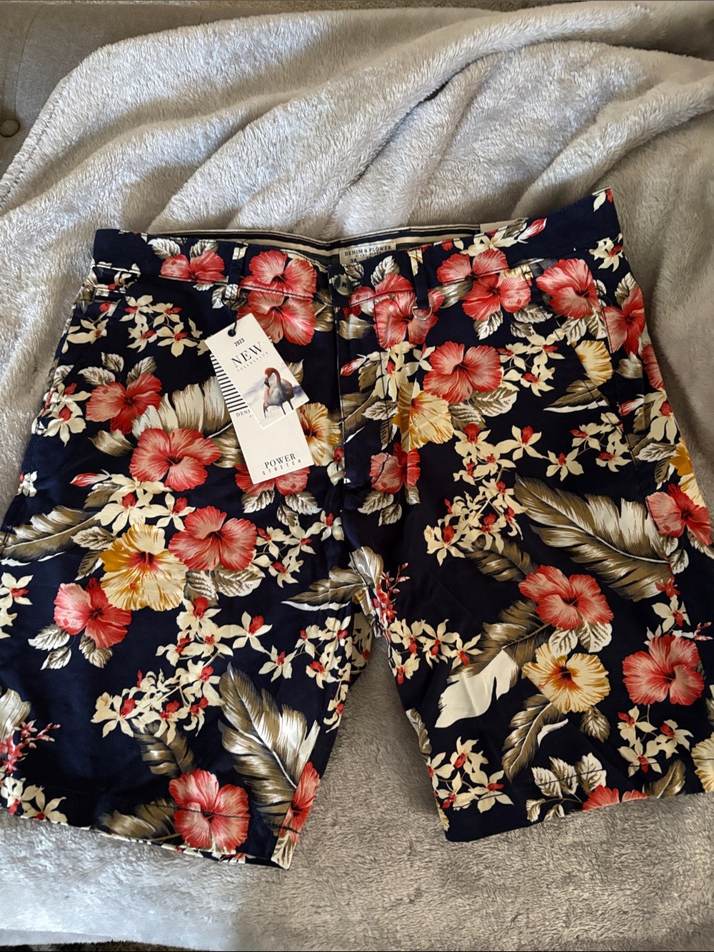 Denim & Flower Navy Floral Flat Front Shorts with Red & Yellow Blooms